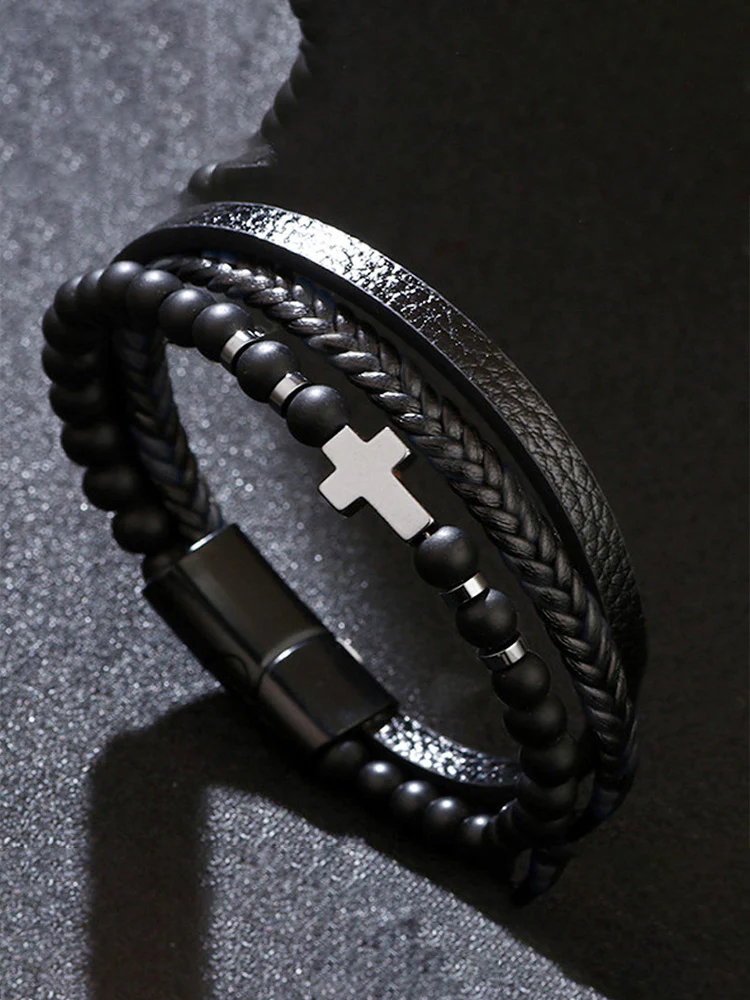 Multi-Layer Design Leather Cross Bracelet - Image 5