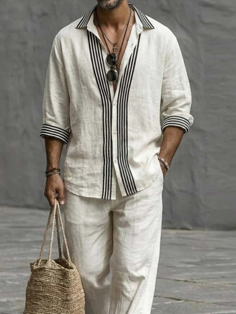 Nature Style Stripe Cotton Shirt and Pants Set - Image 3