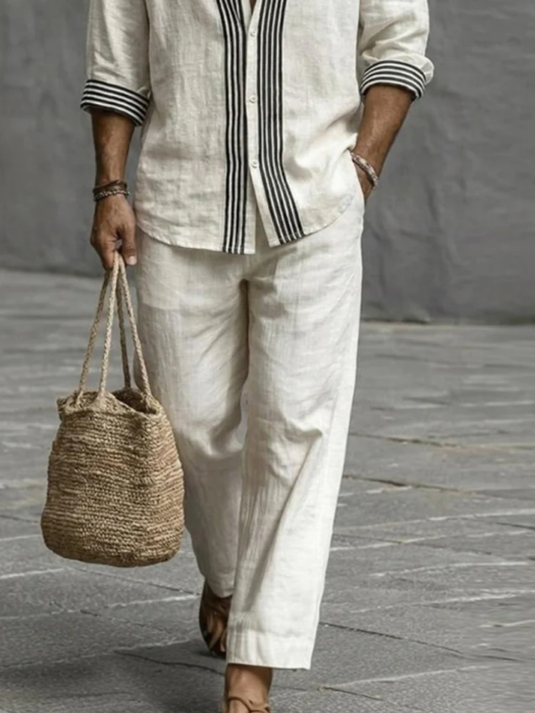 Nature Style Stripe Cotton Shirt and Pants Set - Image 4
