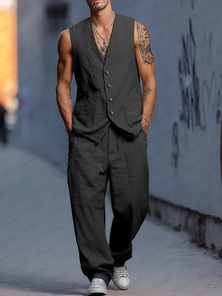 Relaxed Fit Cotton Vest Pants Set - Image 6