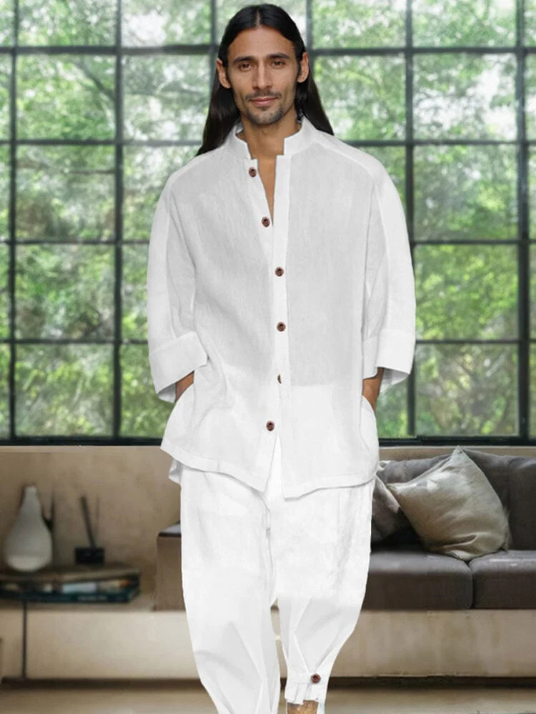 Simple 3/4 Sleeve Cotton Linen Shirt Set - Image 3