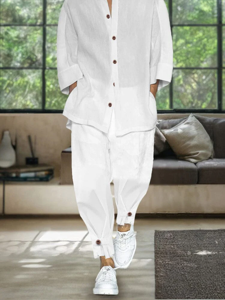 Simple 3/4 Sleeve Cotton Linen Shirt Set - Image 4