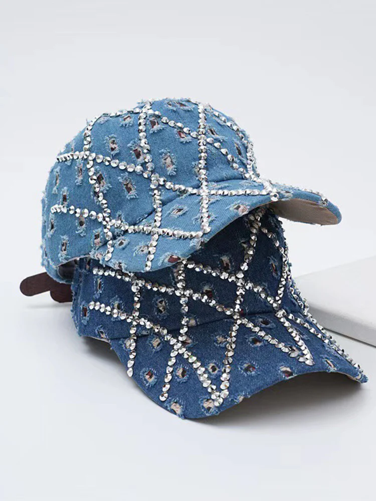 Sparkling Rhinestone Destroyed Torn Denim Cap - Image 6