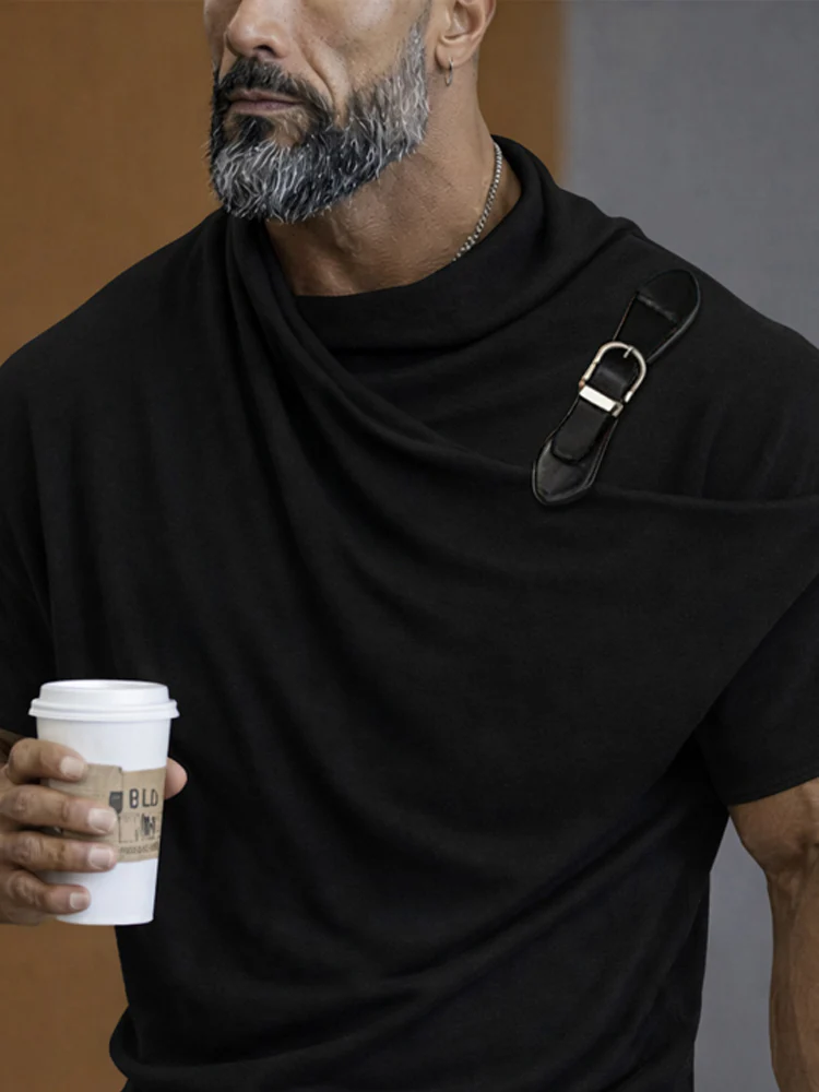 Street Asymmetric Buckle Accent Draped T-Shirt - Image 3