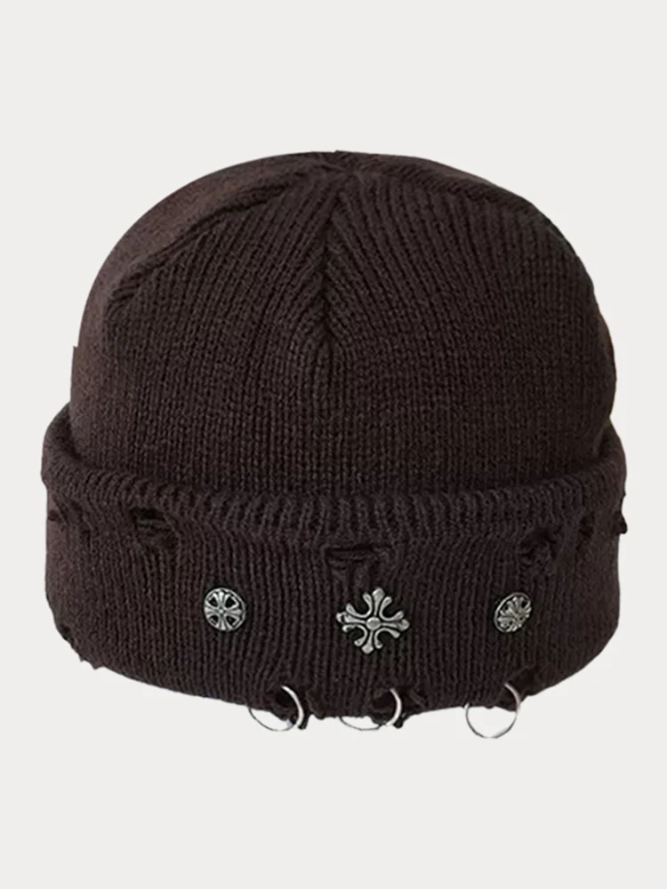 Street Retro Cross Ring Knit Beanie - Image 3