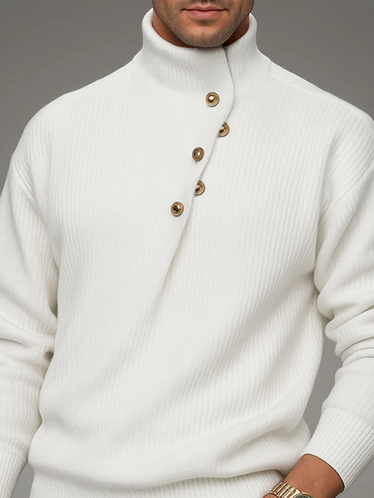 Stylish Button Accent High Neck Sweater - Image 3