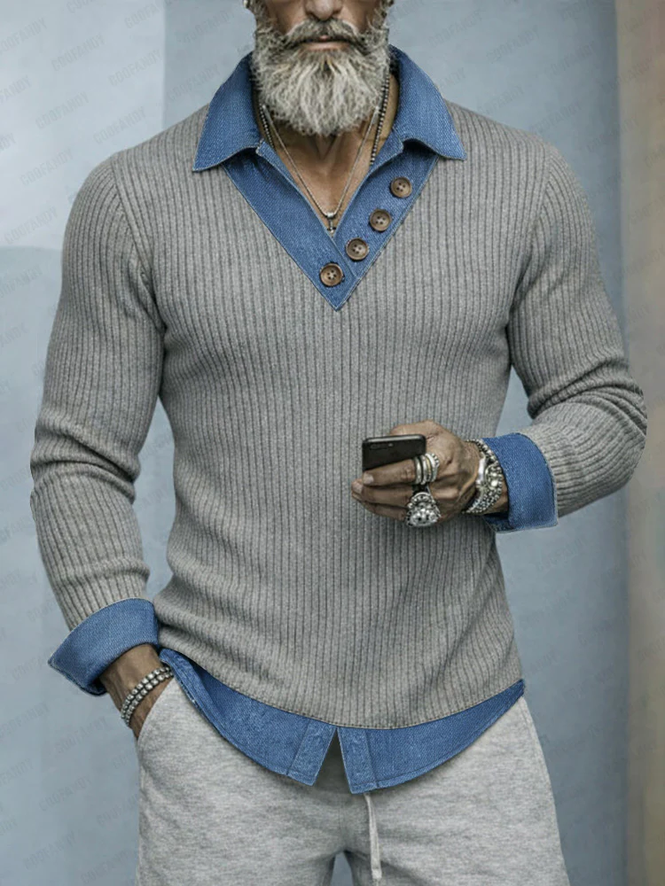 Stylish Denim Patchwork Fake Two-Piece Knit Shirt - Image 2