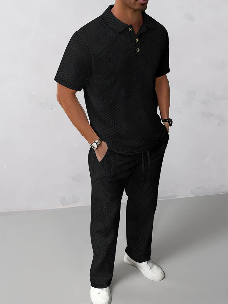 Stylish Jacquard Textured Polo Shirt Set - Image 3