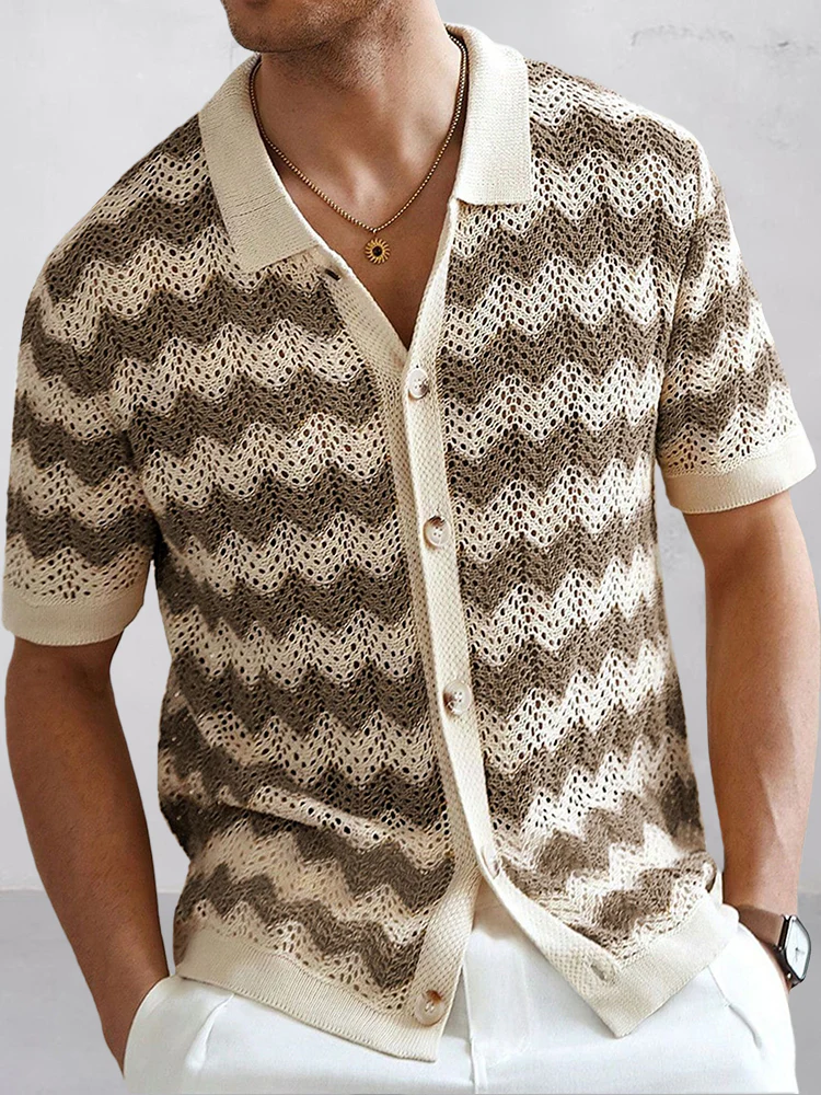 Stylish Openwork Jacquard Ripple Knit Shirt - Image 2