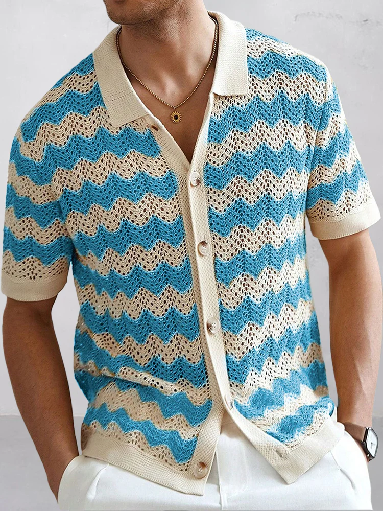 Stylish Openwork Jacquard Ripple Knit Shirt - Image 3