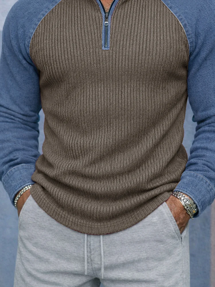 Stylish Two-Tone Denim Splicing Ribbed Knit Top - Image 5