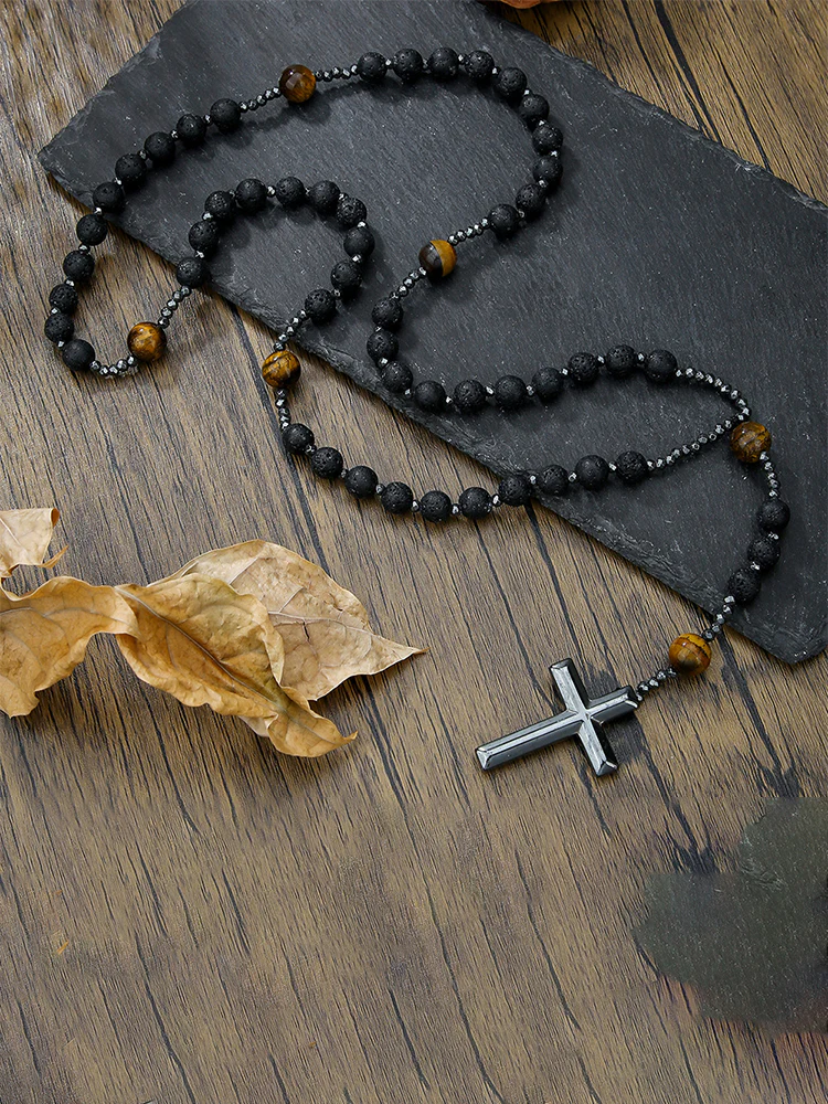 Tiger Beaded Cross Pendant Necklace - Image 7