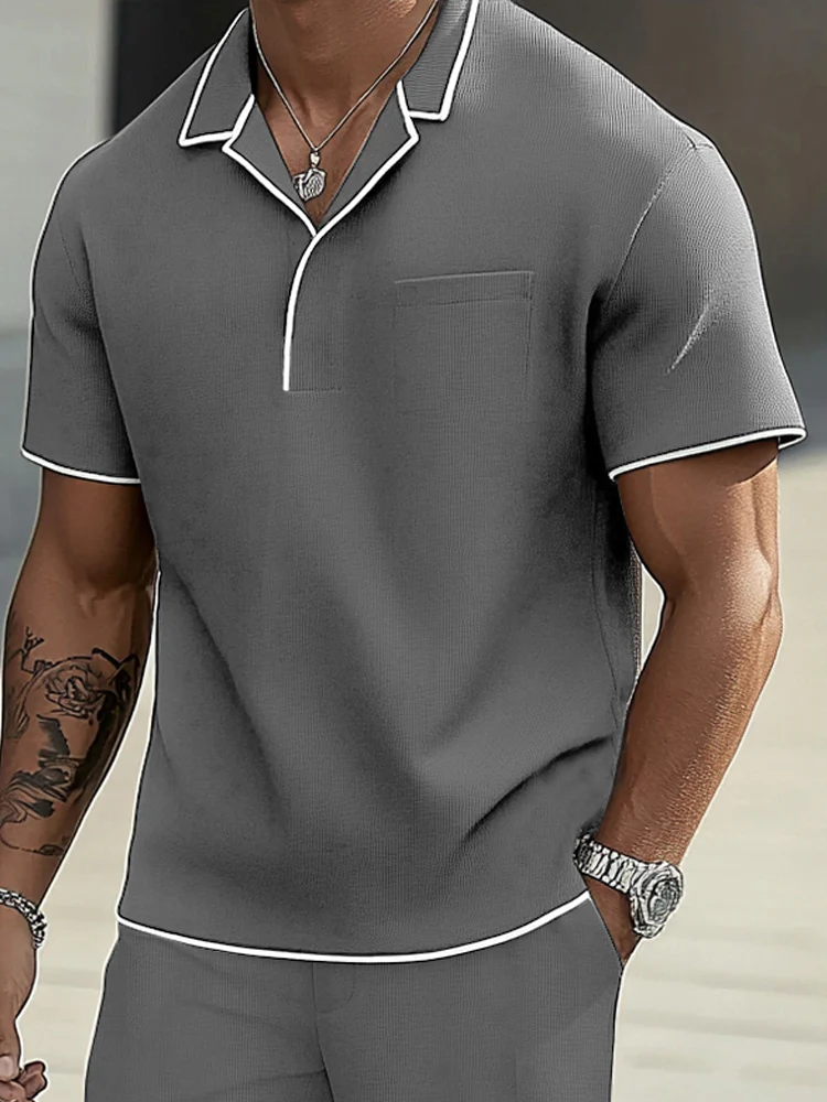 Trendy Contrast Trim Polo Shirt Set - Image 3