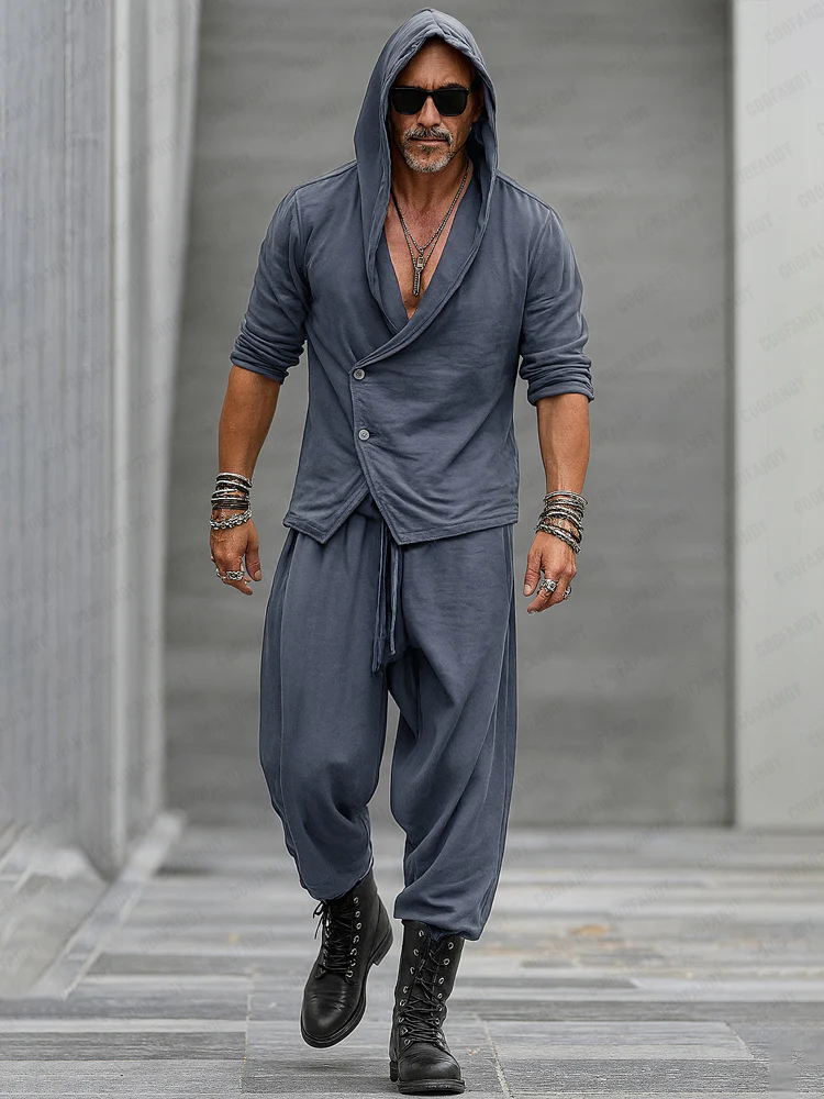 Trendy Hooded Slant Placket Shirt Pants Set - Image 2