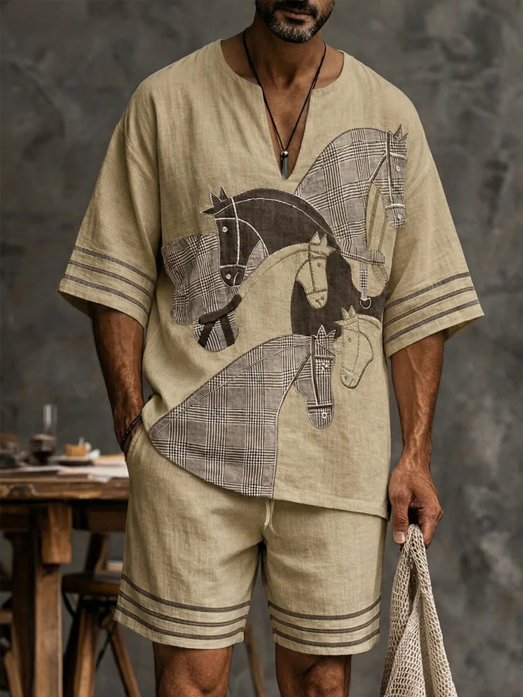 Trendy Horse Pattern 100% Cotton T-shirt Shorts Set - Image 2