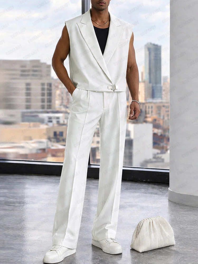 Trendy Lapel Vest and Wide-Leg Pants Set - Image 3