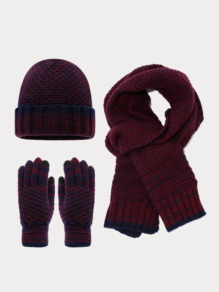 Two-Tone Knit Gloves Beanie Scarf 3-in-1 Set - Image 4