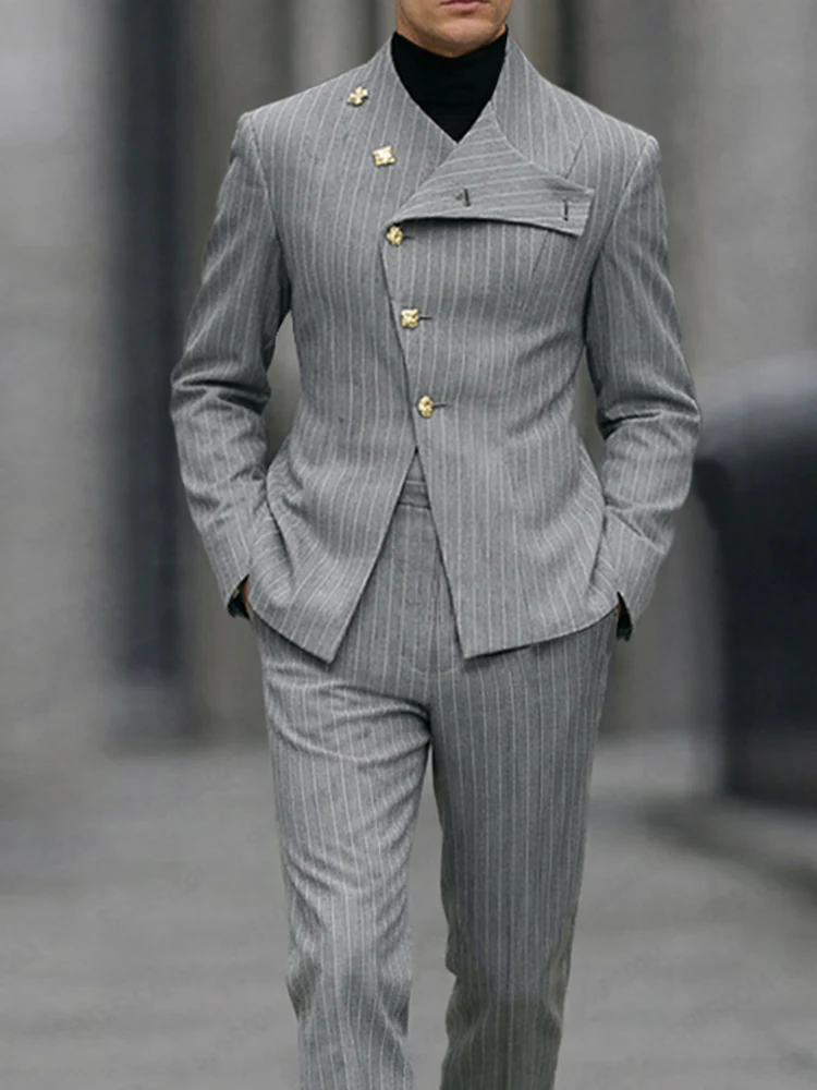 Unique Slant Buttoned Striped Suit Set - Image 3