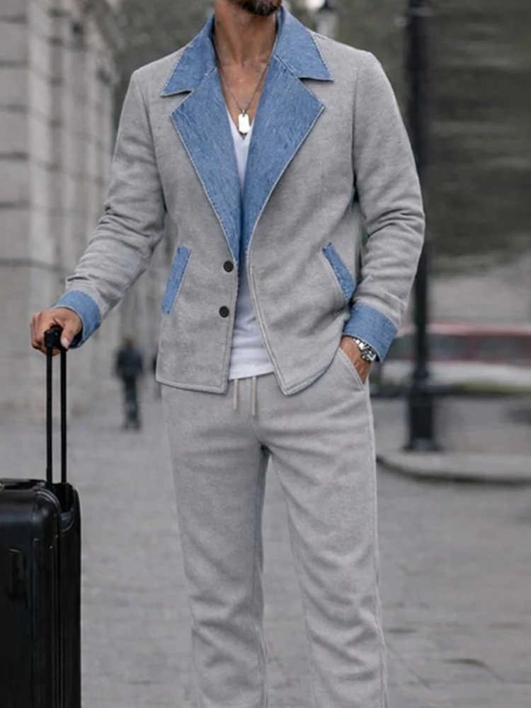 Urban Casual Denim Patchwork Jacket Pants Set - Image 3