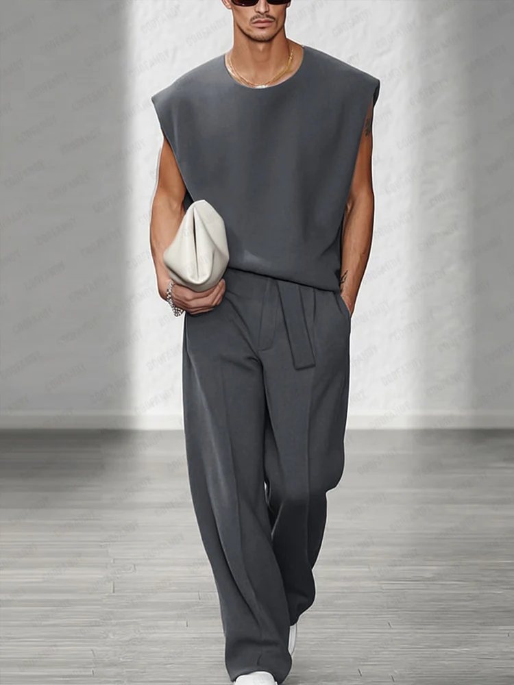 Urban Casual Shoulder Pad Tank Top Set
