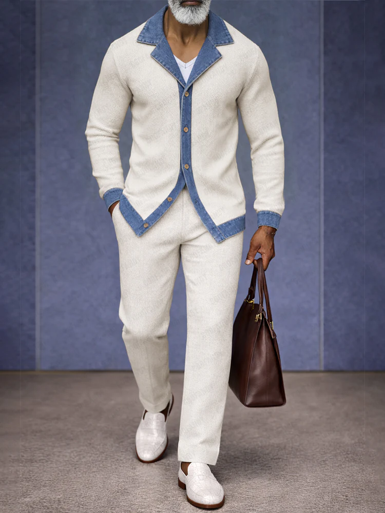 Urban Two-Tone Denim Splicing Shirt Pants Set
