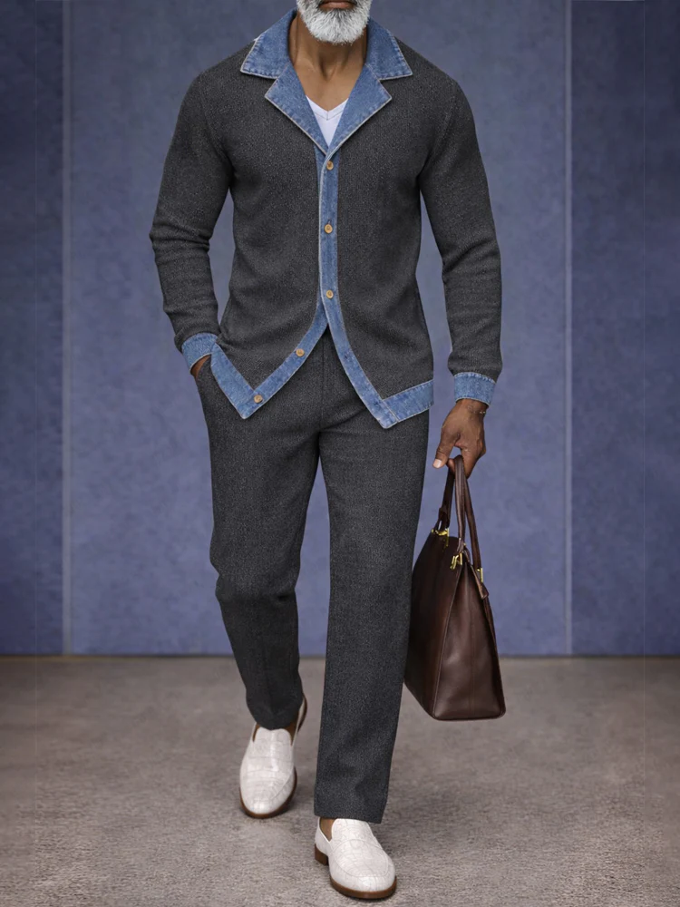 Urban Two-Tone Denim Splicing Shirt Pants Set - Image 2