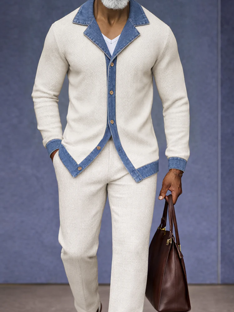 Urban Two-Tone Denim Splicing Shirt Pants Set - Image 3