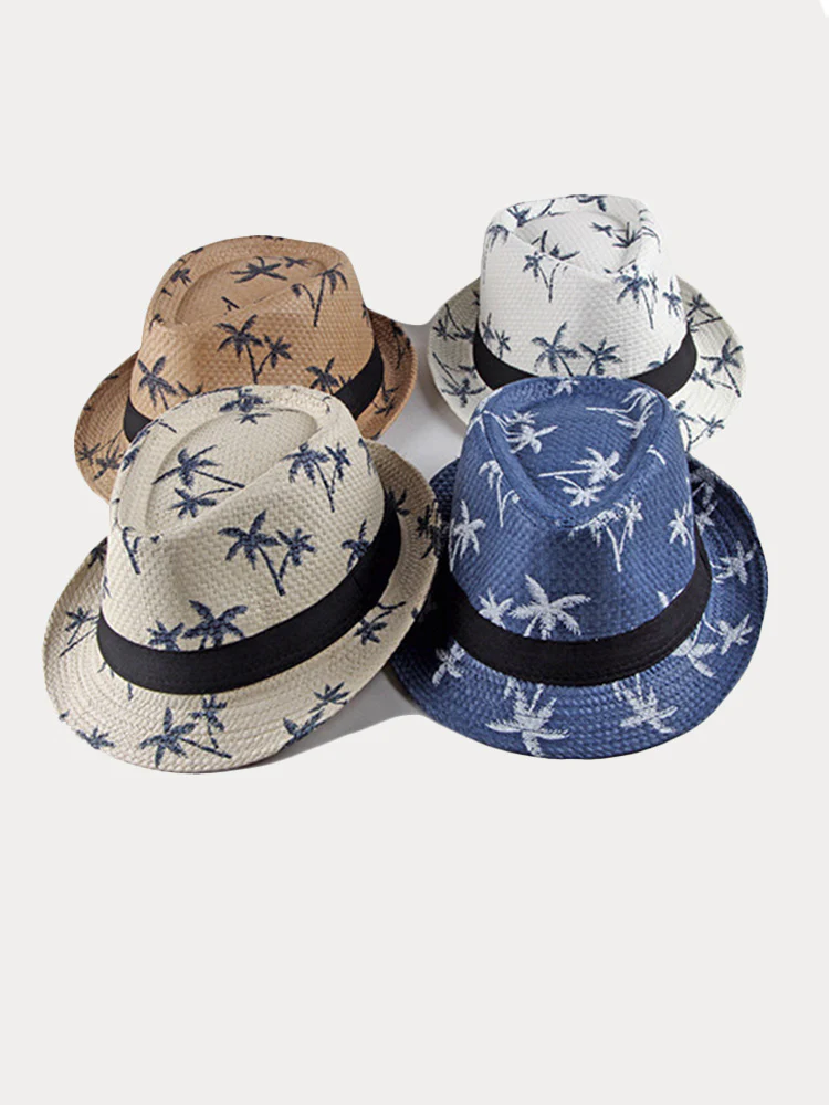 Vacation Coconut Tree Print Woven Straw Fedora Hat - Image 11