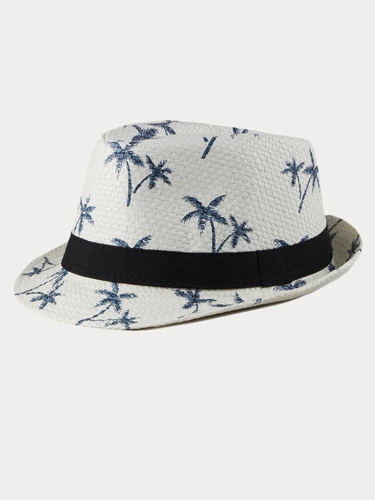 Vacation Coconut Tree Print Woven Straw Fedora Hat - Image 4