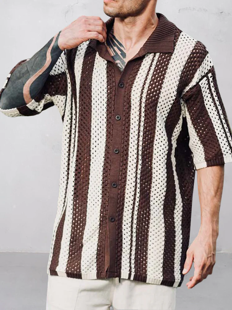 Vertical Stripe Mesh Knitted Shirt - Image 5