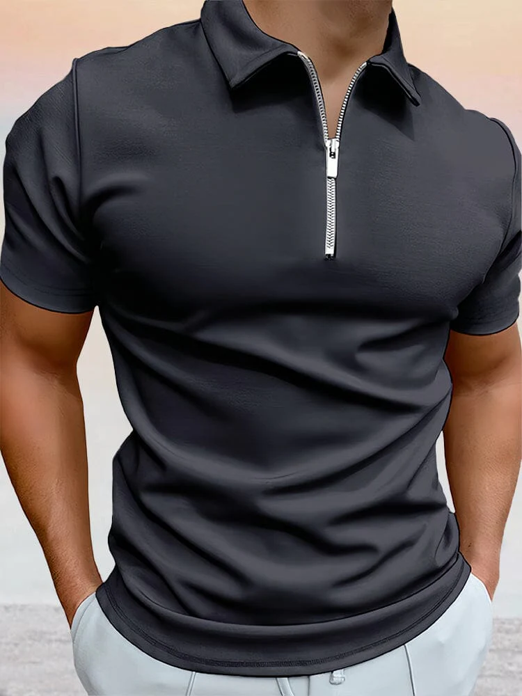 Zipper Solid Short Sleeve Polo Shirt - Image 3